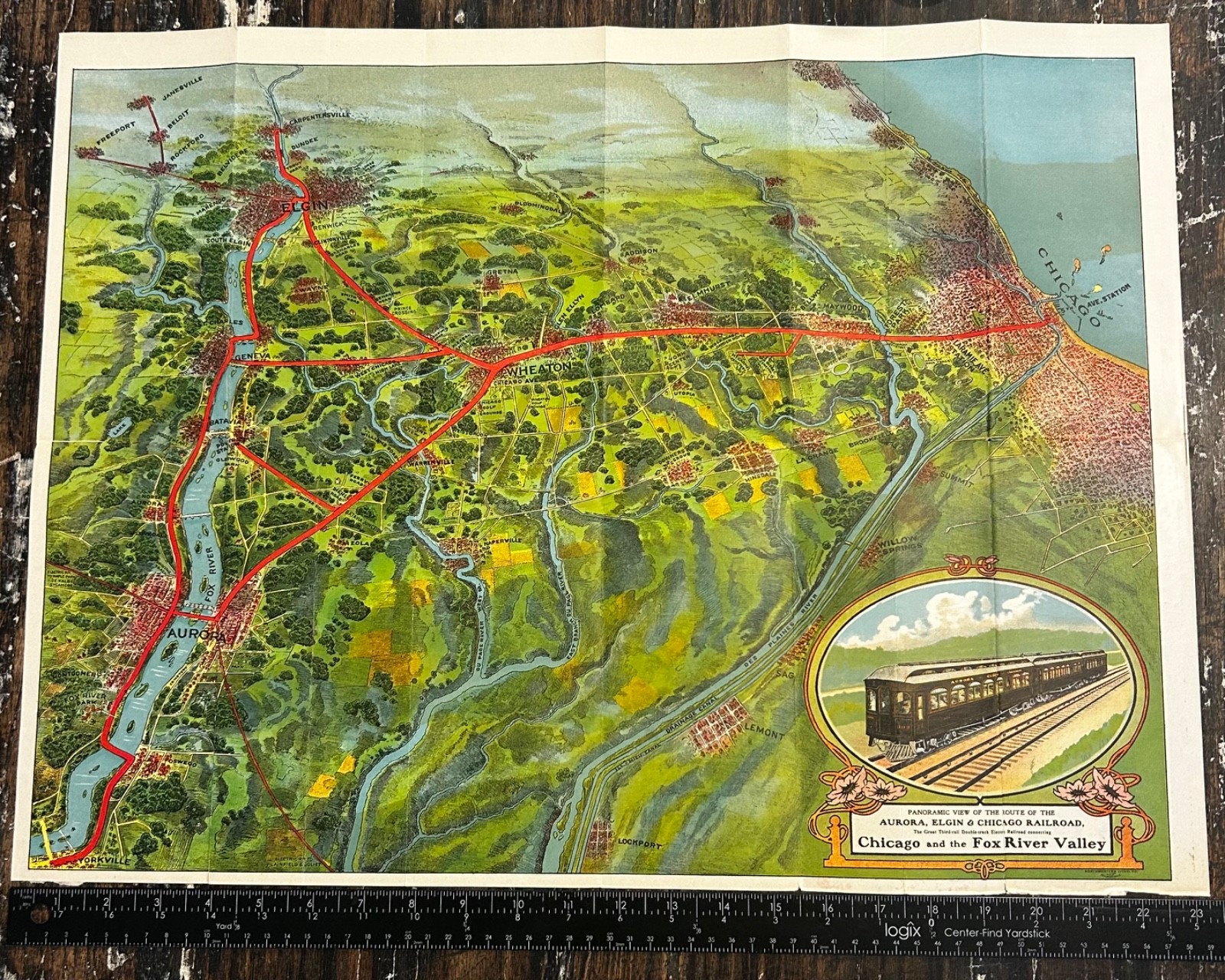 Rare c. 1911 Chicago Aurora & Elgin CA&E Railroad Aerial View Litho Map Brochure