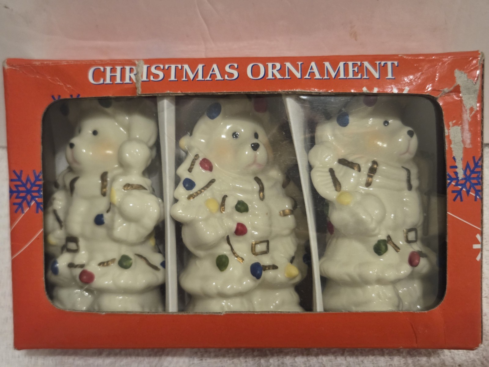Vintage Family Dollar Ceramic Teddy Bear Christmas Ornament Set 3pc New In Box