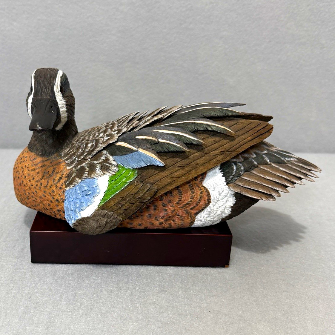 Hand Carved Green Winged Teal Drake Wood Duck Signed TG 99 Feather Detail Rustic