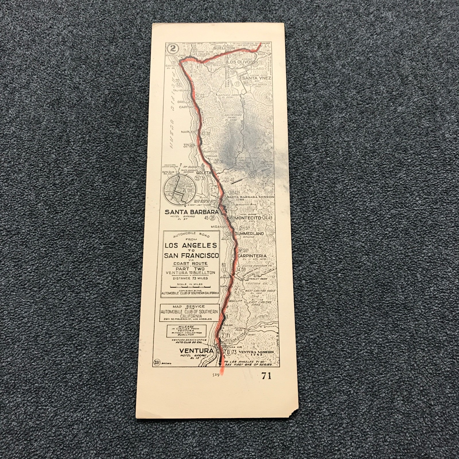 1920s AAA Auto Club SoCal Ventura to Buellton California Coast Route Strip Map 