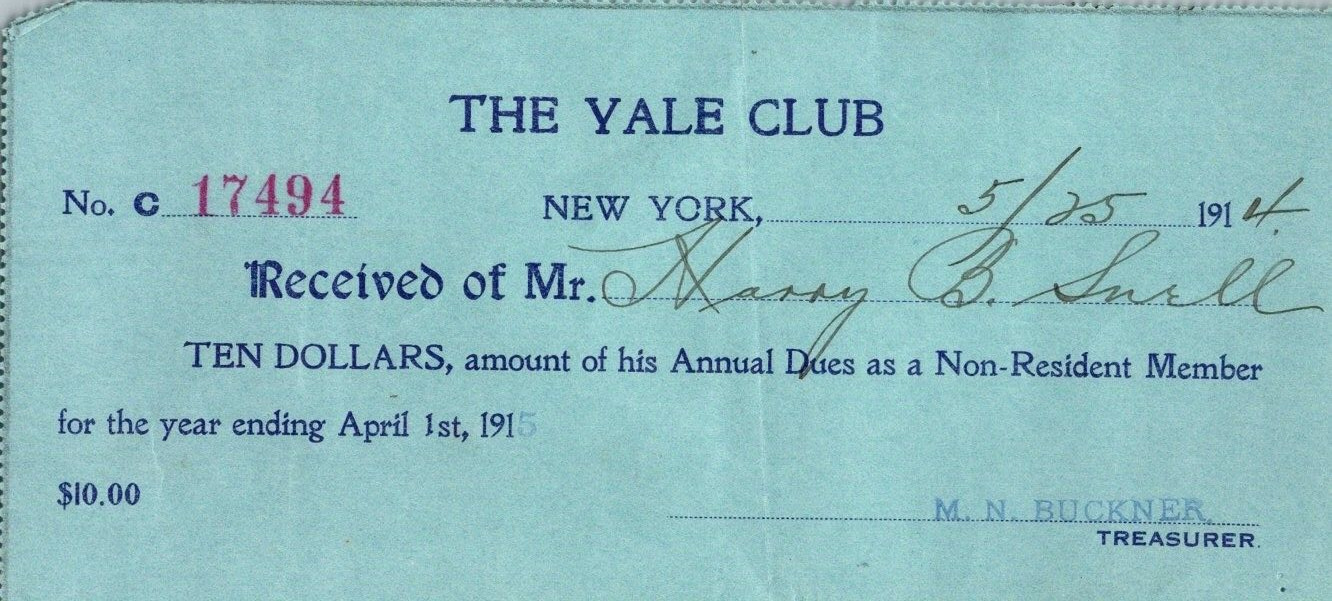 1914 The Yale Club annual dues receipt 10.00 a18