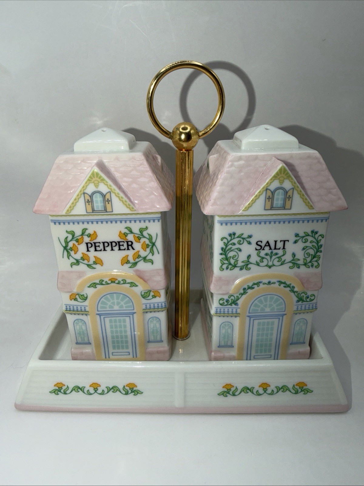 Vintage Lenox Spice Village 1991 Porcelain Salt & Pepper Shaker Set with Stand