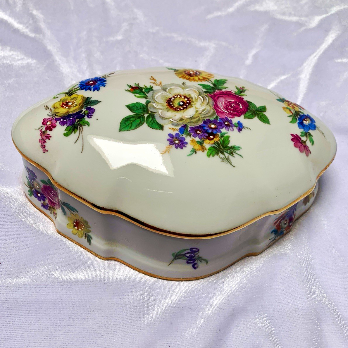 J.F.S. Limoges France Floral Porcelain Trinket Box w/ Lid, Gold Trim