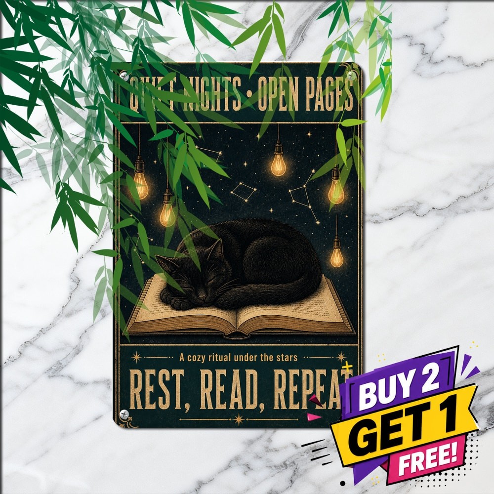 Black Cat Reading Open Book Quote Poster Vintage Feline Decor Metal Tin Plaque