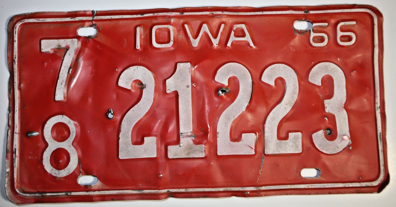 Vintage 1966 Iowa License Plate 78-21223 Red White Metal Auto Tag Authentic