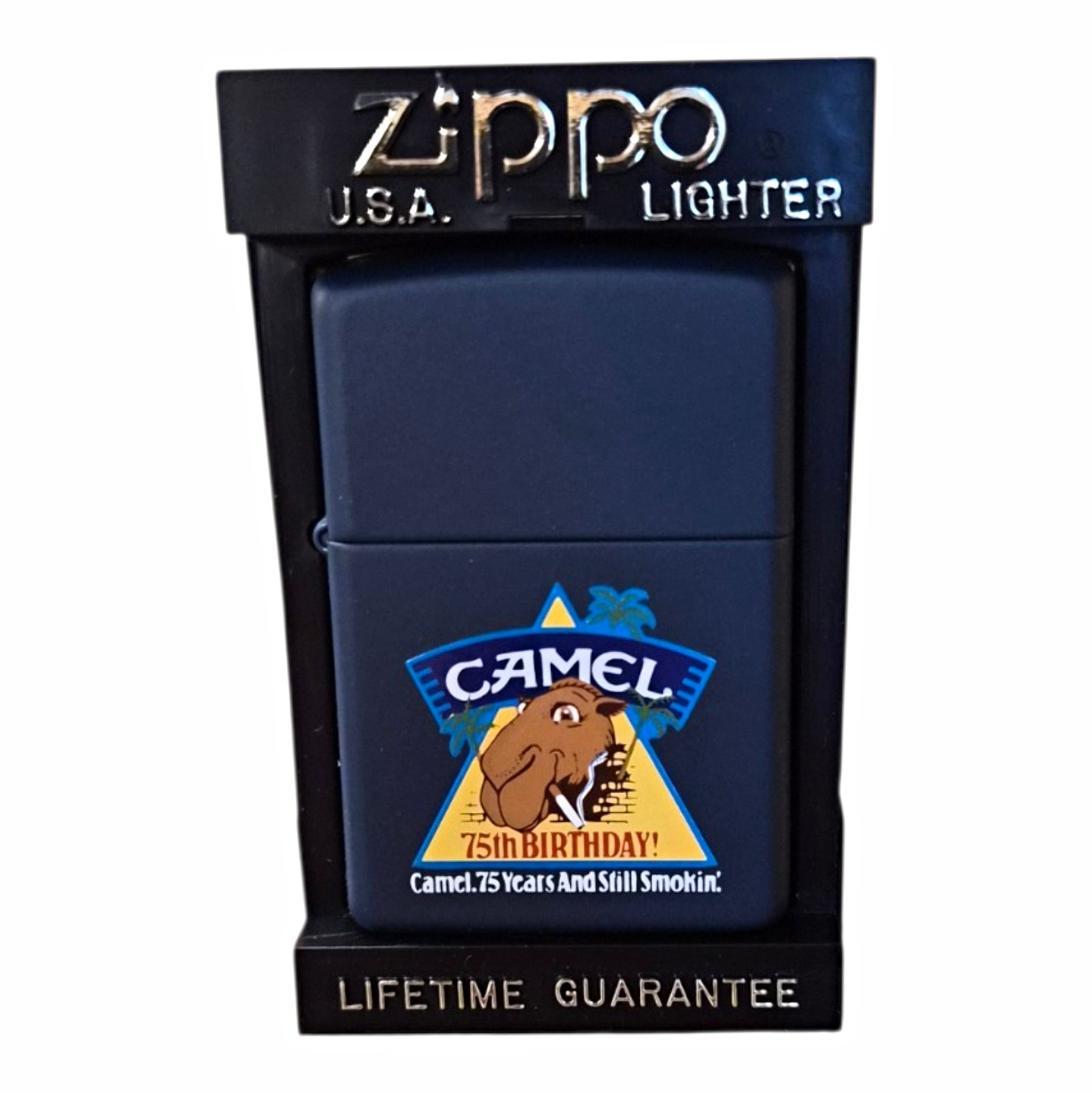 Vintage 1997 Camel 75th Birthday Joe Camel Zippo Lighter NOS Navy Blue NIB