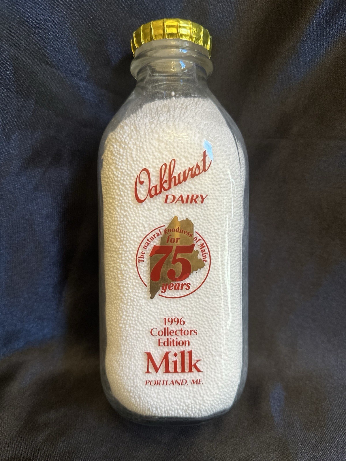 1996 Oakhurst Dairy 75th Anniversary Quart Milk Bottle Maine Collectors Edition