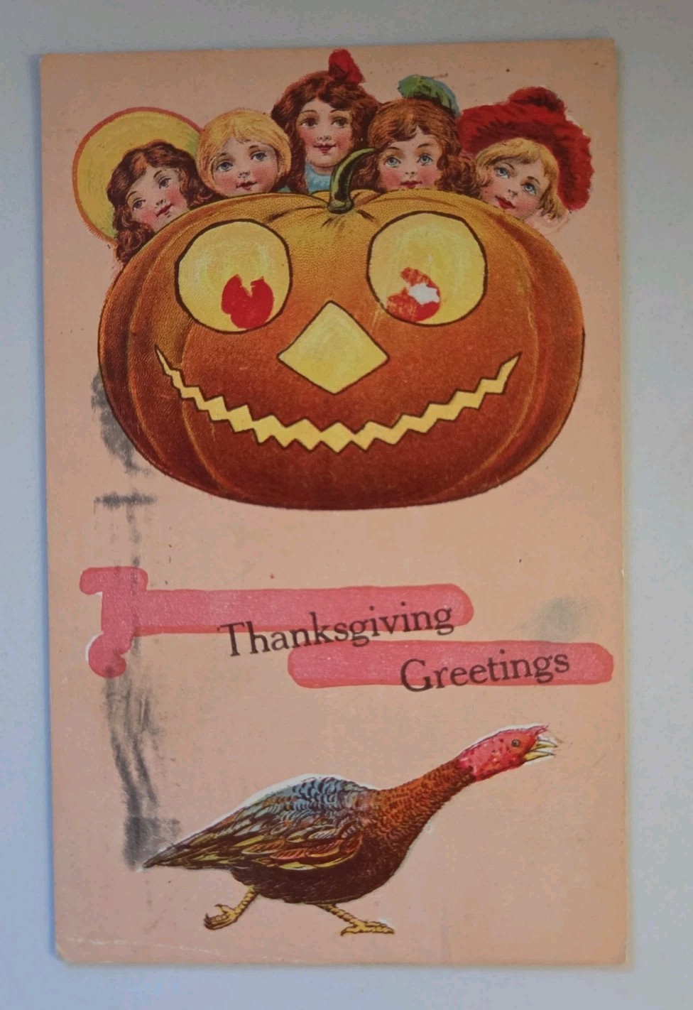 Antique 1910 Thanksgiving/ Halloween Postcard Pumpkin Turkey  Jack O Lantern 