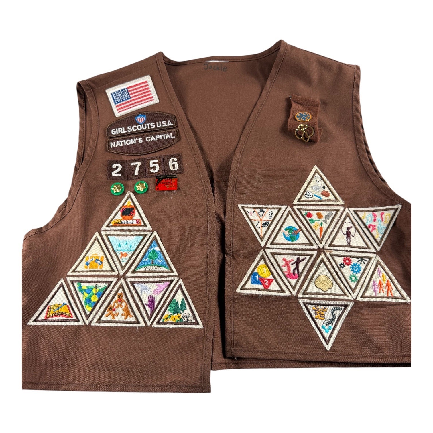 Girl Scouts Brownie Vest Brown Uniform 24 Try It Badges Patches Pins Troop 2756