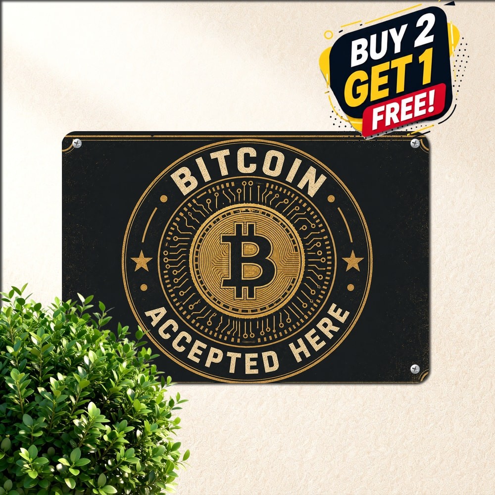 Bitcoin Accepted Here Round Logo Sign Durable Crypto Metal Tin Wall Decor