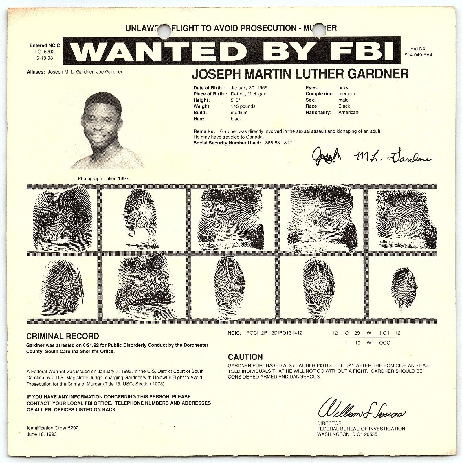 1993 FBI WANTED POSTER JOSEPH MARTIN LUTHER GARDNER MURDER EXECUTED 2008  Z4971