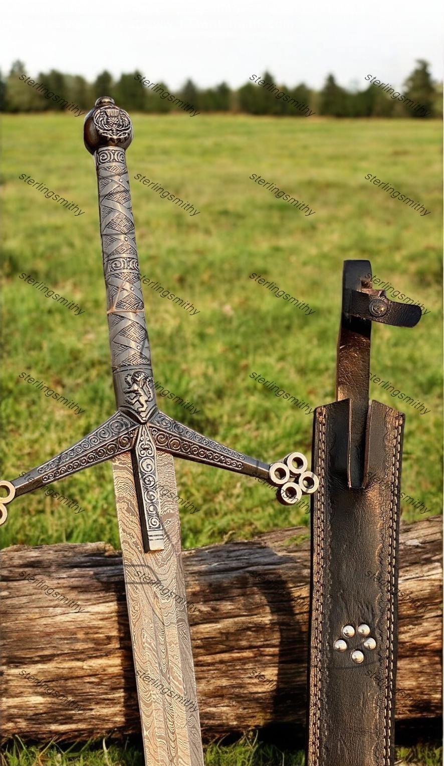 SCOTTISH CLAYMORE SWORD ANTIQUE SILVER DAMASCUS MEDIEVAL BLADE W SHEATH GIFT HIM