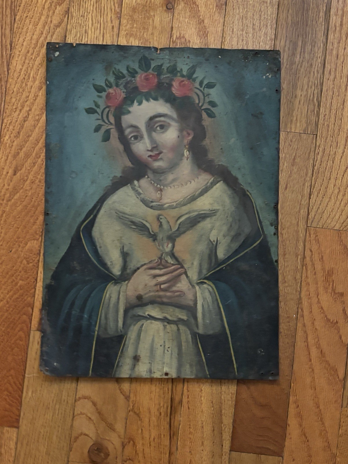 Rare Mexican 19th century Retablo oil painting on tin