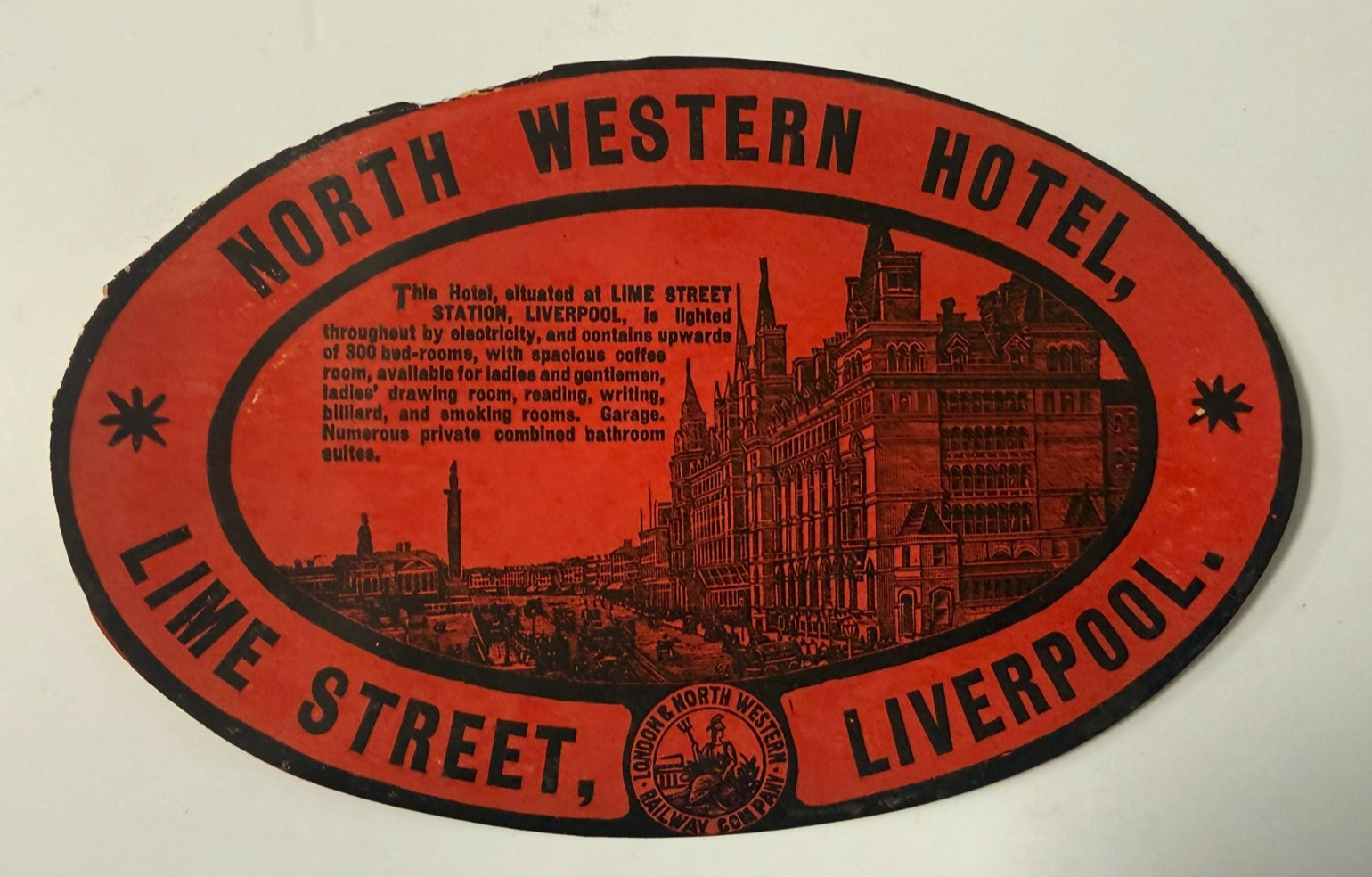 Authentic Vintage Luggage Label ~ NORTH WESTERN HOTEL ~ Liverpool, England