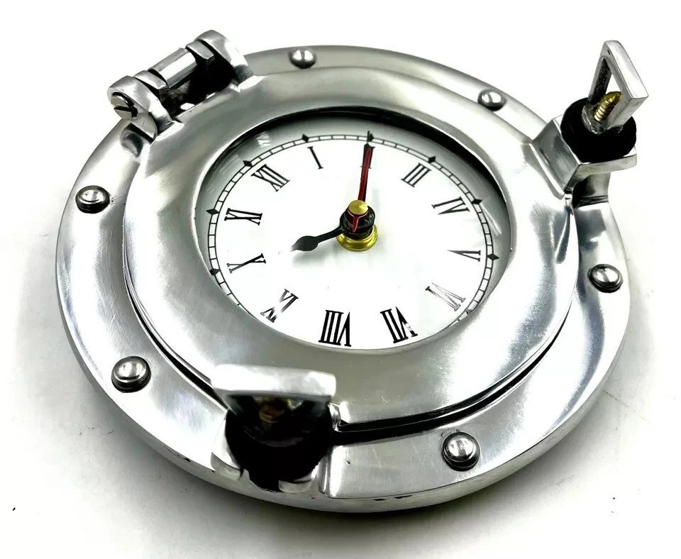 Nautical Porthole Wall Clock Silver Aluminum Marine Decor Handmade Gift