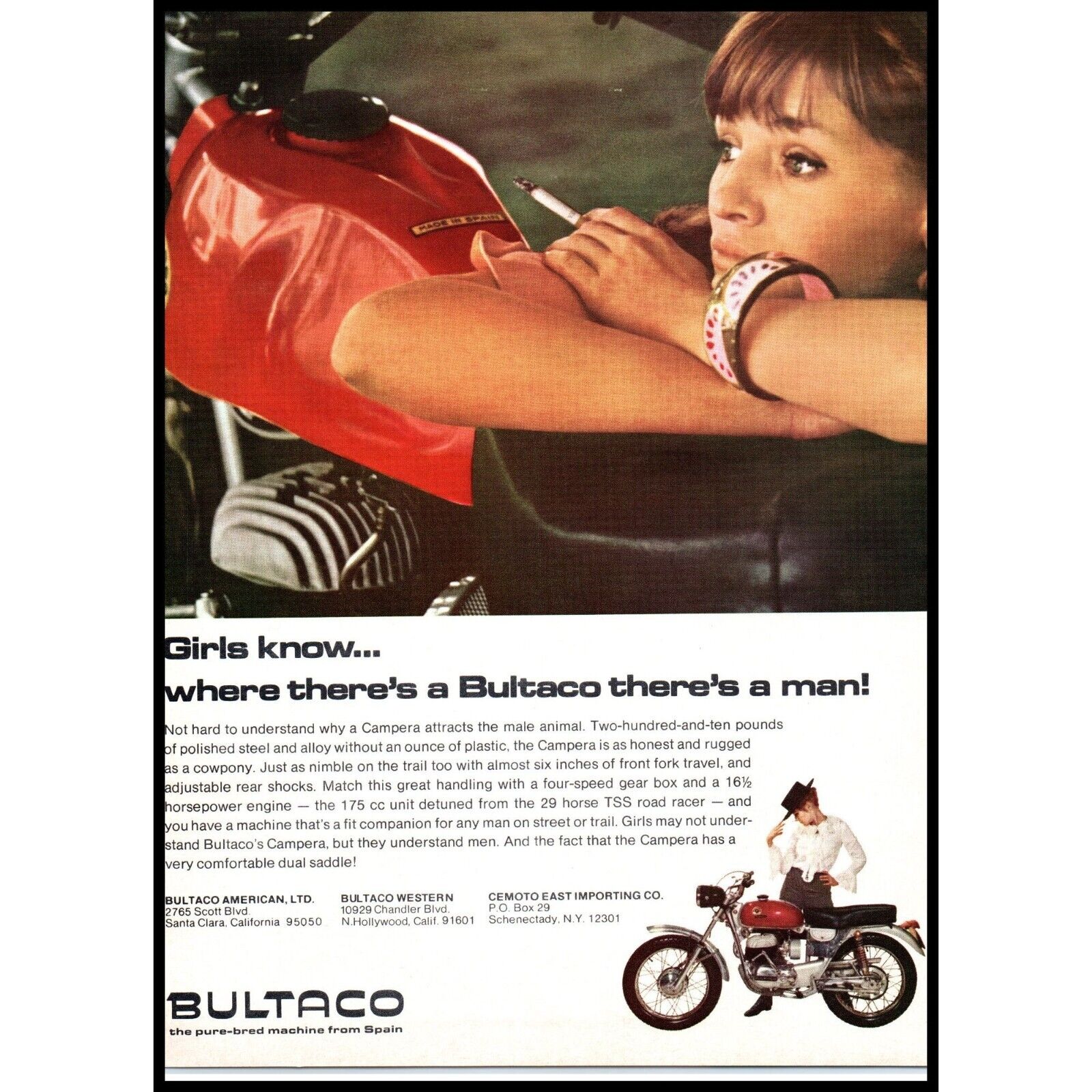 1967 Bultaco Campera Motorcycle Vintage Print Ad Sexy Woman Smoking Wall Art