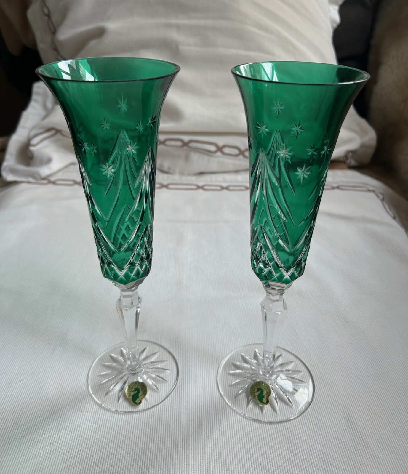 Pair - Waterford Crystal Flutes Emerald Green Cut to Clear Christmas Tree Unused