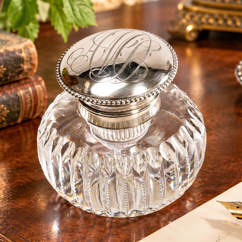 Brilliant Large Antique Cut Crystal Paperweight Inkwell with Sterling Silver