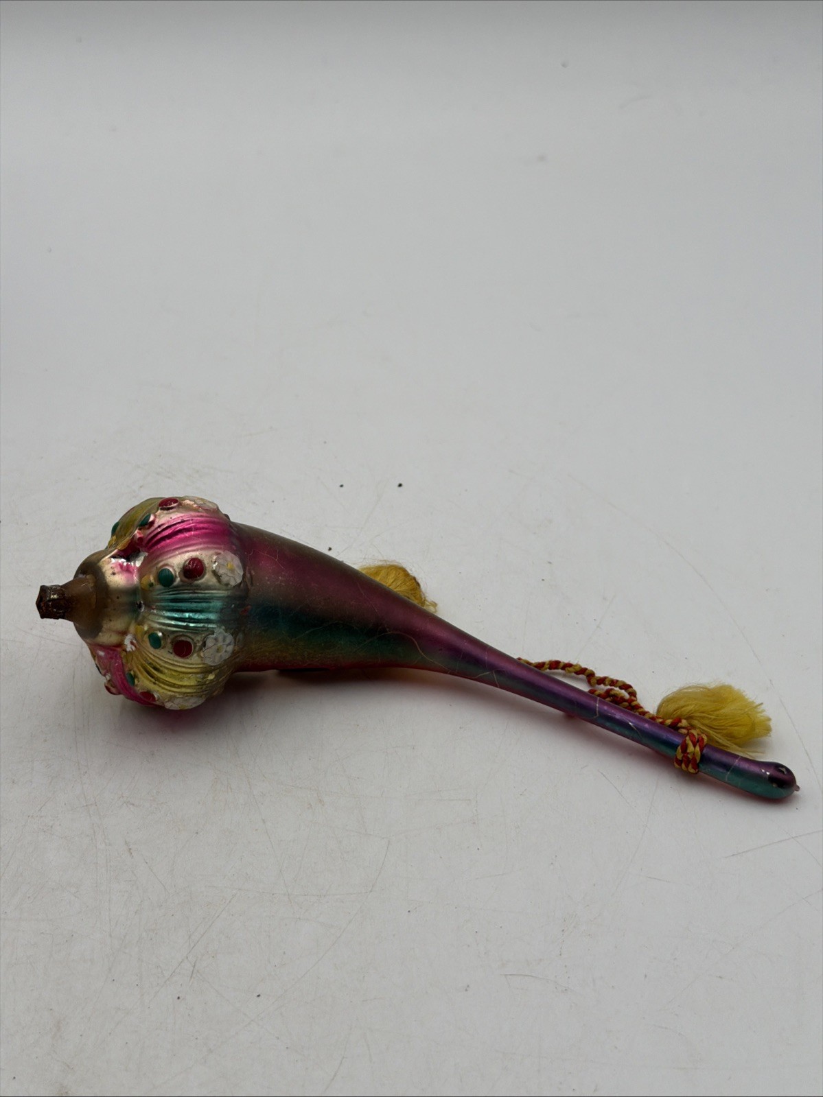 Rare Antique German Hand-Blown Pink Horn/Pipe Puffy-Rim Christmas Ornament