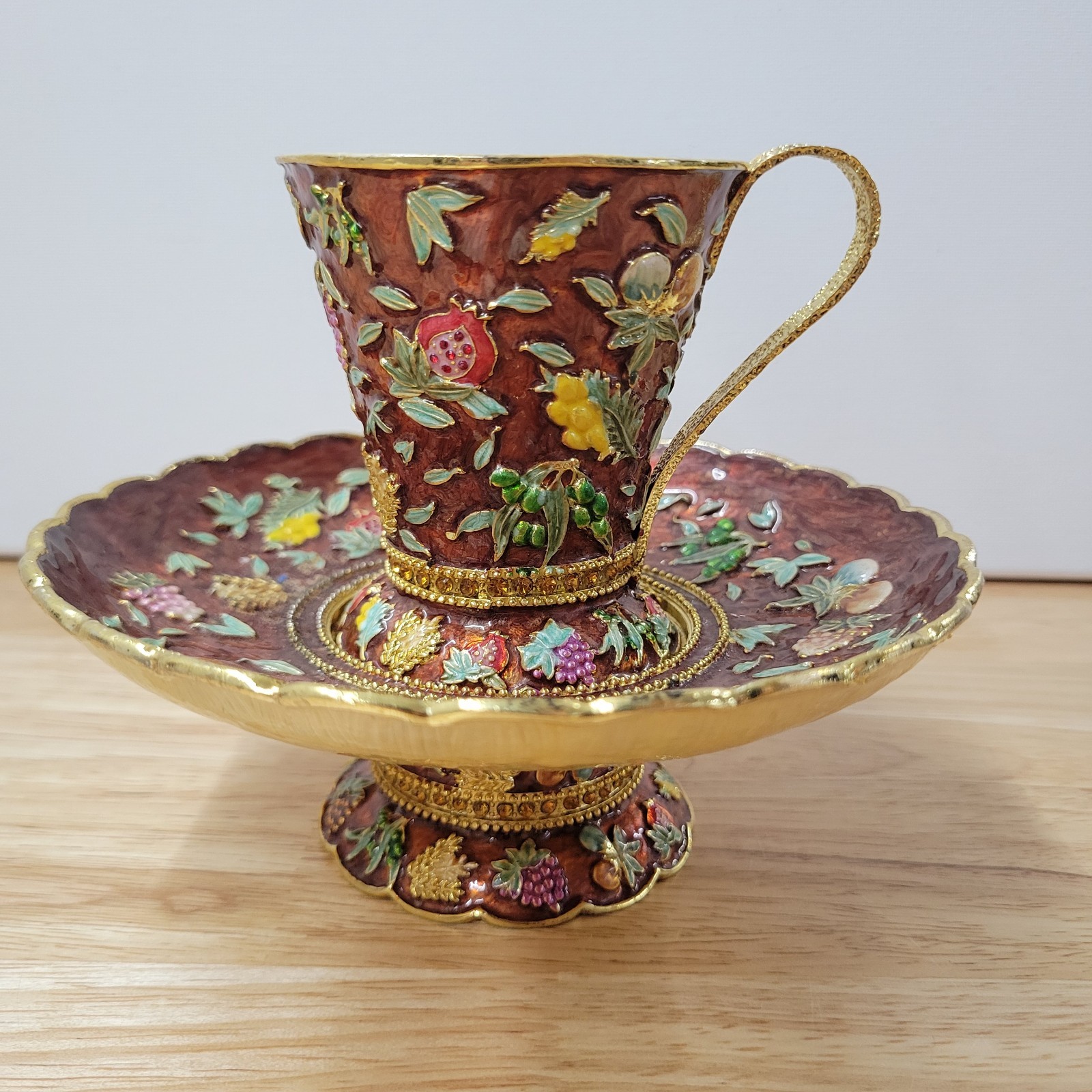 Vintage Karshi Jerusalem Enamel Kiddush Cup Saucer Set Seven Species Fruit Israe