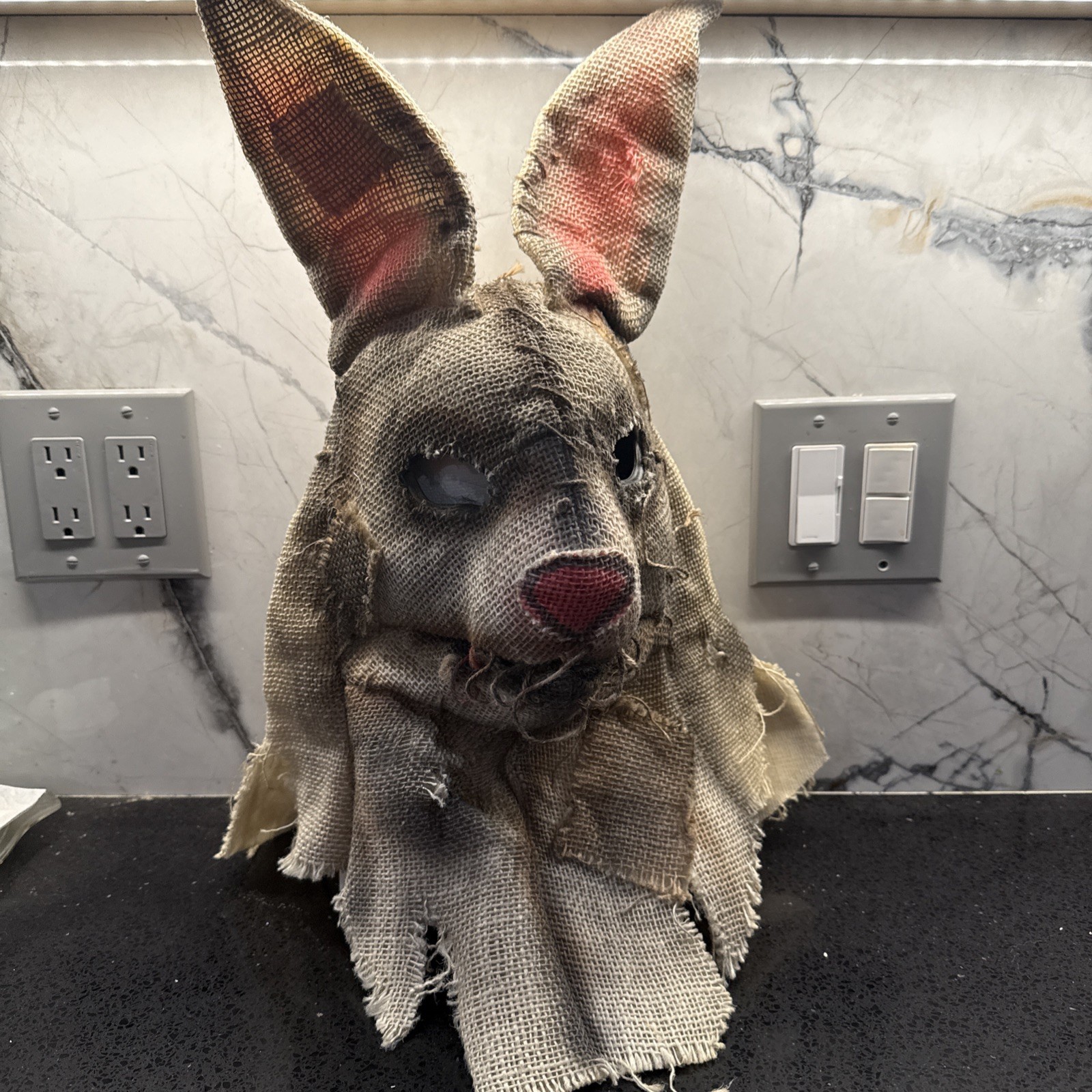 Halloween Scary Bunny Burlap Sack  Full Face Mask Moving Mouth Rabbit Scarecrow