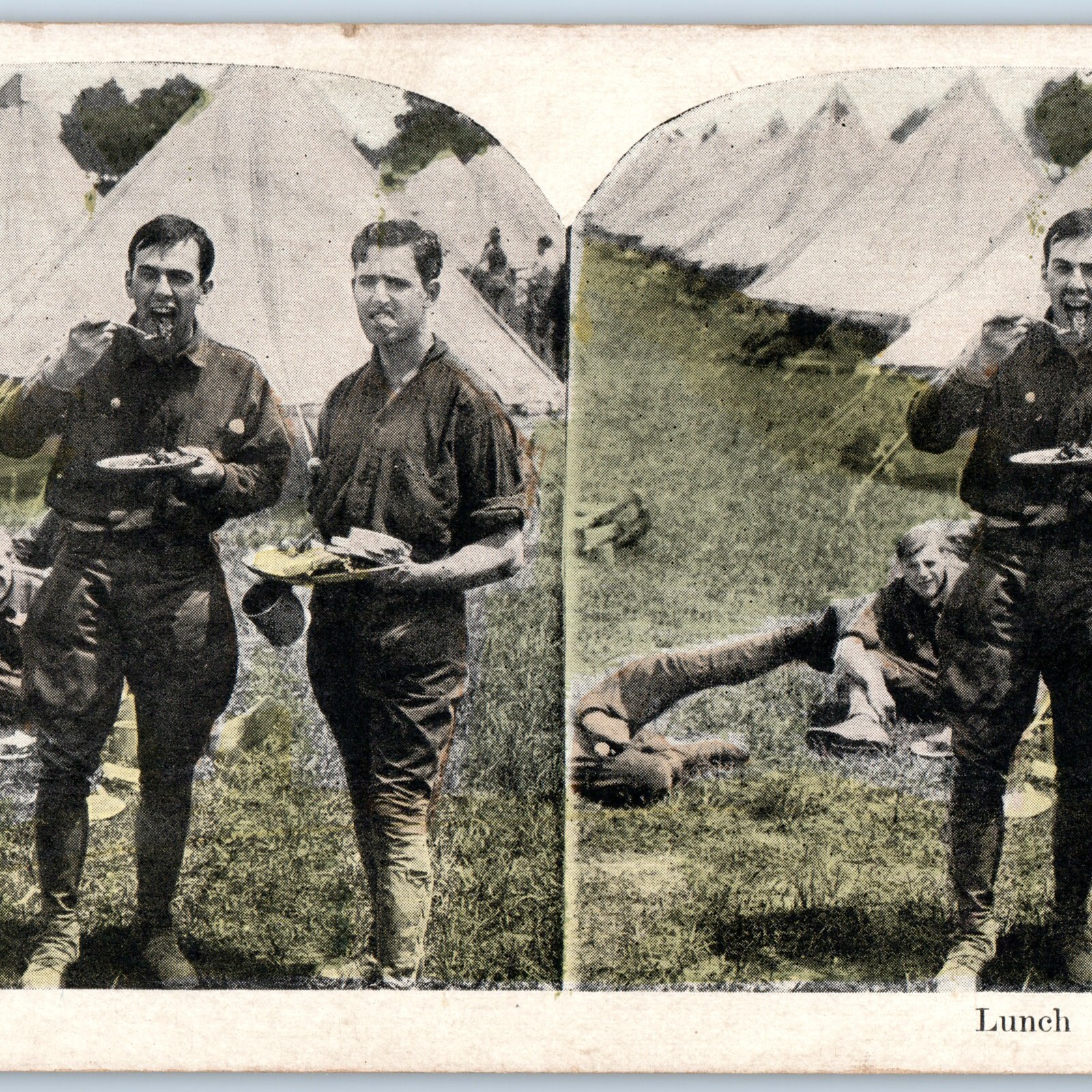 c1910s WWI US Army USMC Camp Lunch Time Stereoview Military Men Eat Tent War V34