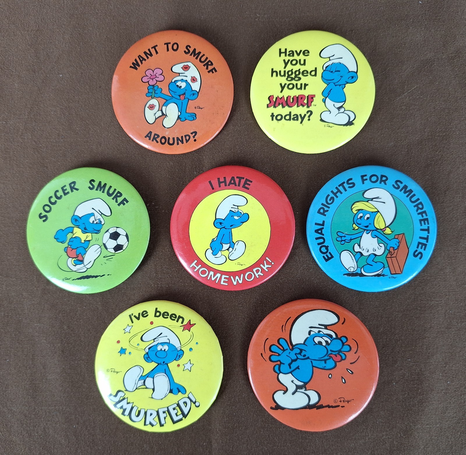 Smurfs Buttons 7 Vintage Originals DEADSTOCK Equal Rights Smurfette Soccer