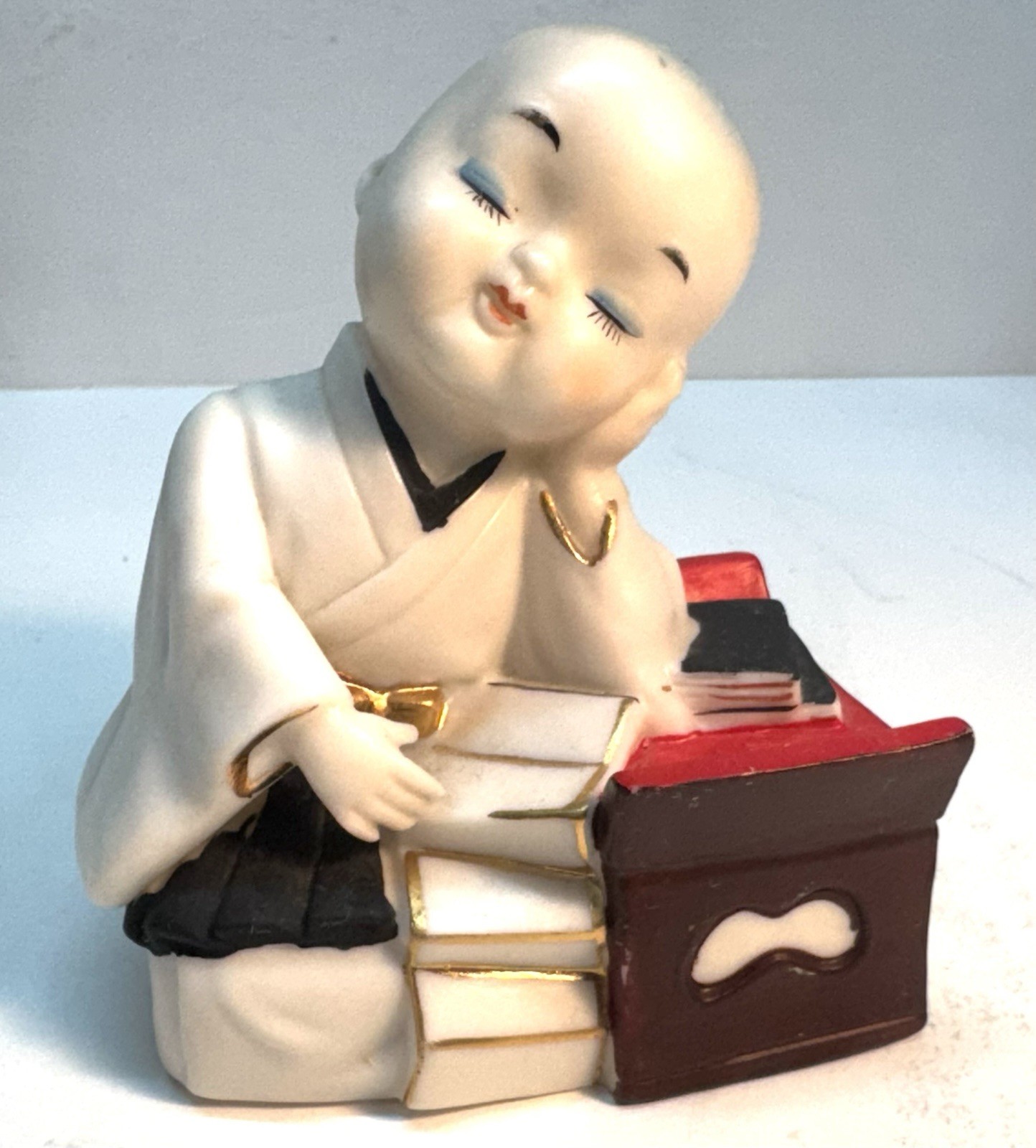 Vintage Japanese Hakata Monk Scholar Sleeping Or Meditating Ceramic Gold Trim