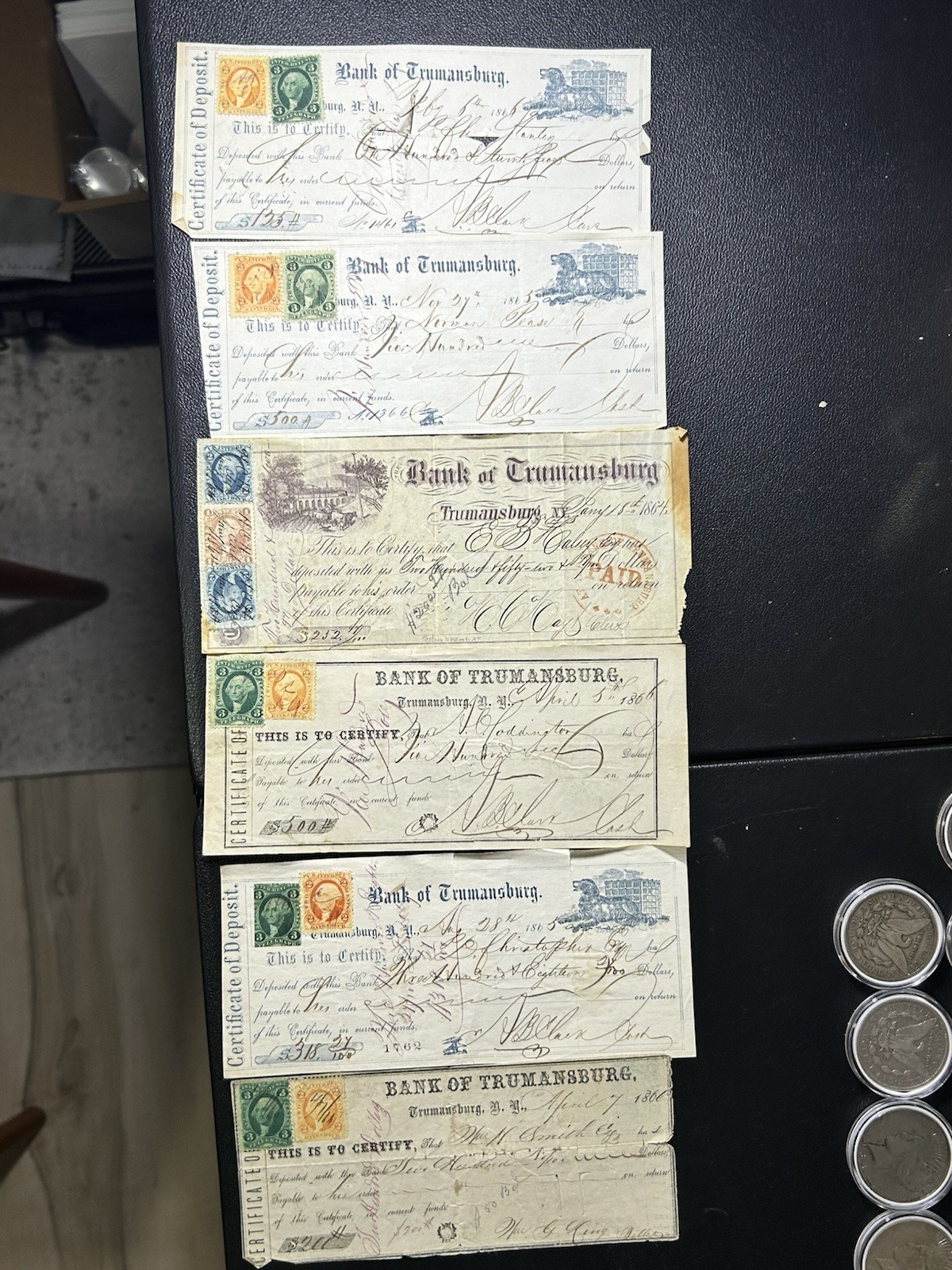 These are six original, 1860s certificates of deposits Multiple banks.