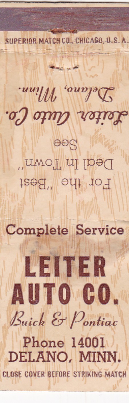Leiter Auto Co. Buick & Pontiac Car Dealership Delano Minnesota Matchbook 1950's