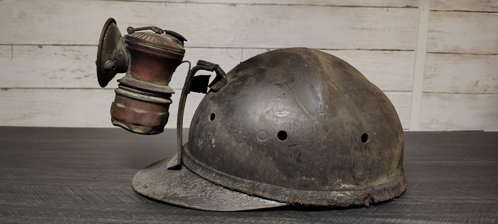 Vintage Antique Auto-Lite Carbide Mining Lamp & Hard Boiled Helmet Cap Hat Set