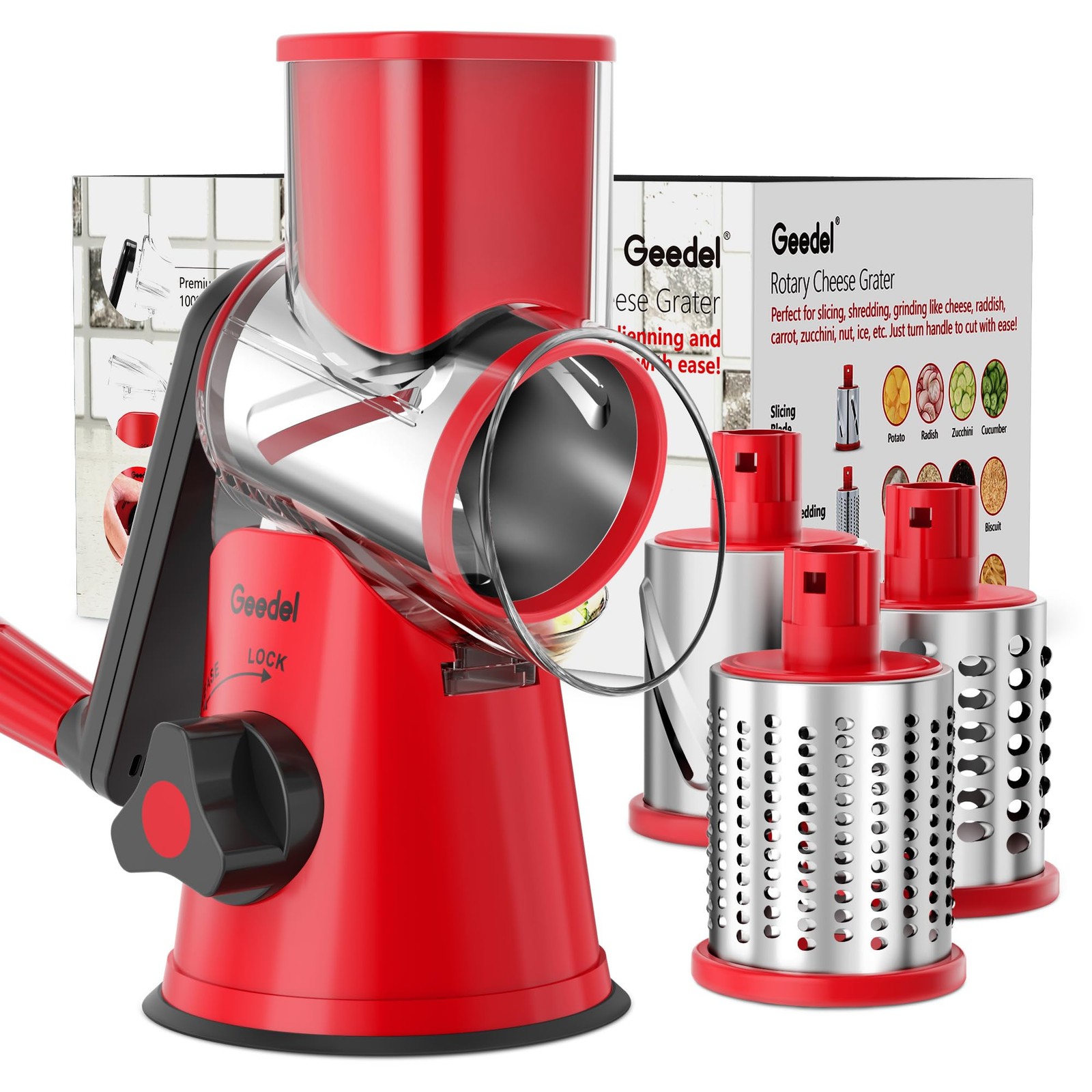 Geedel Rotary Cheese Grater, Kitchen Mandoline Vegetable 10.24x9.2x9.37, Red