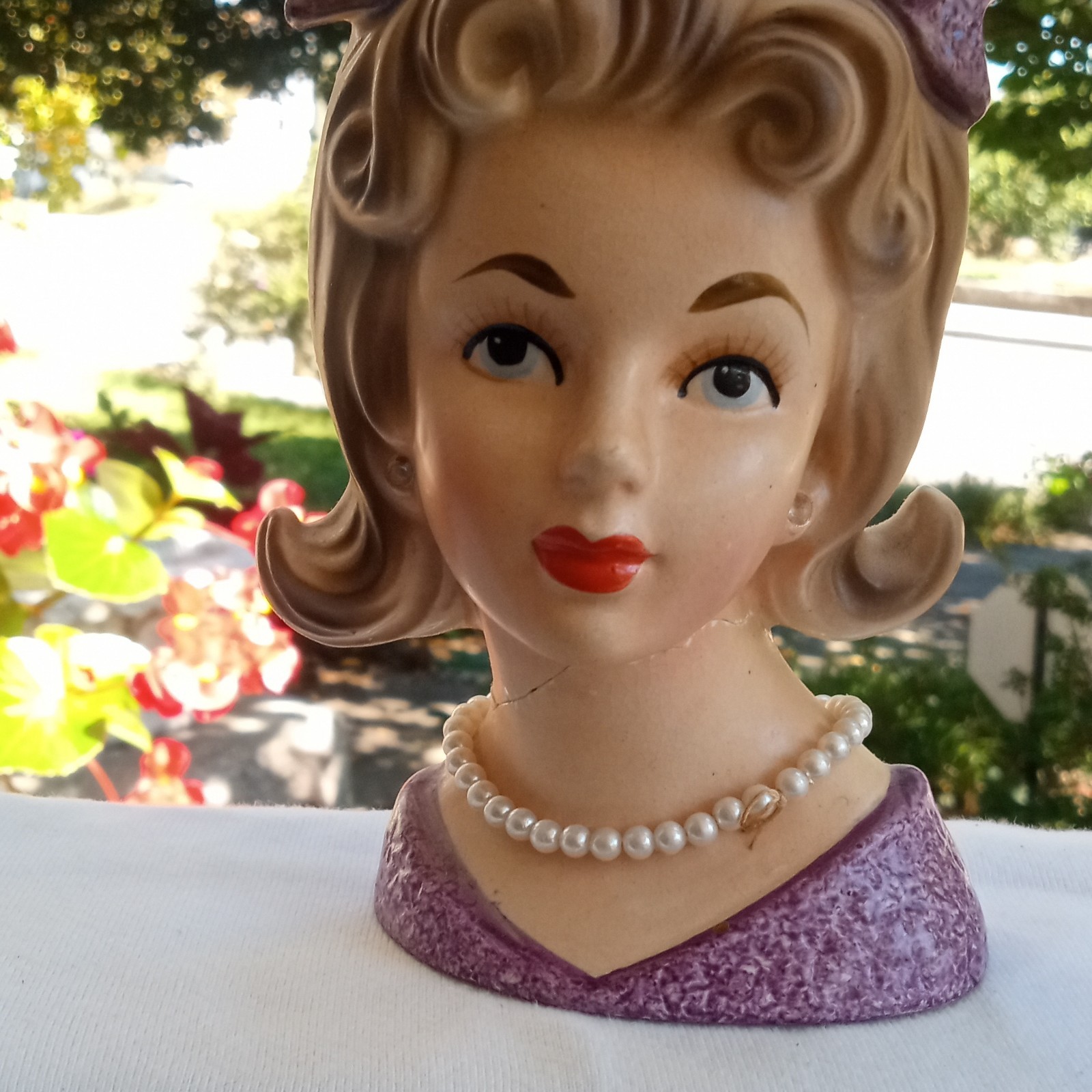 Vintage 1950s Lady Head Ceramic Planter Purple Hat Pearl Necklace Relpo Read