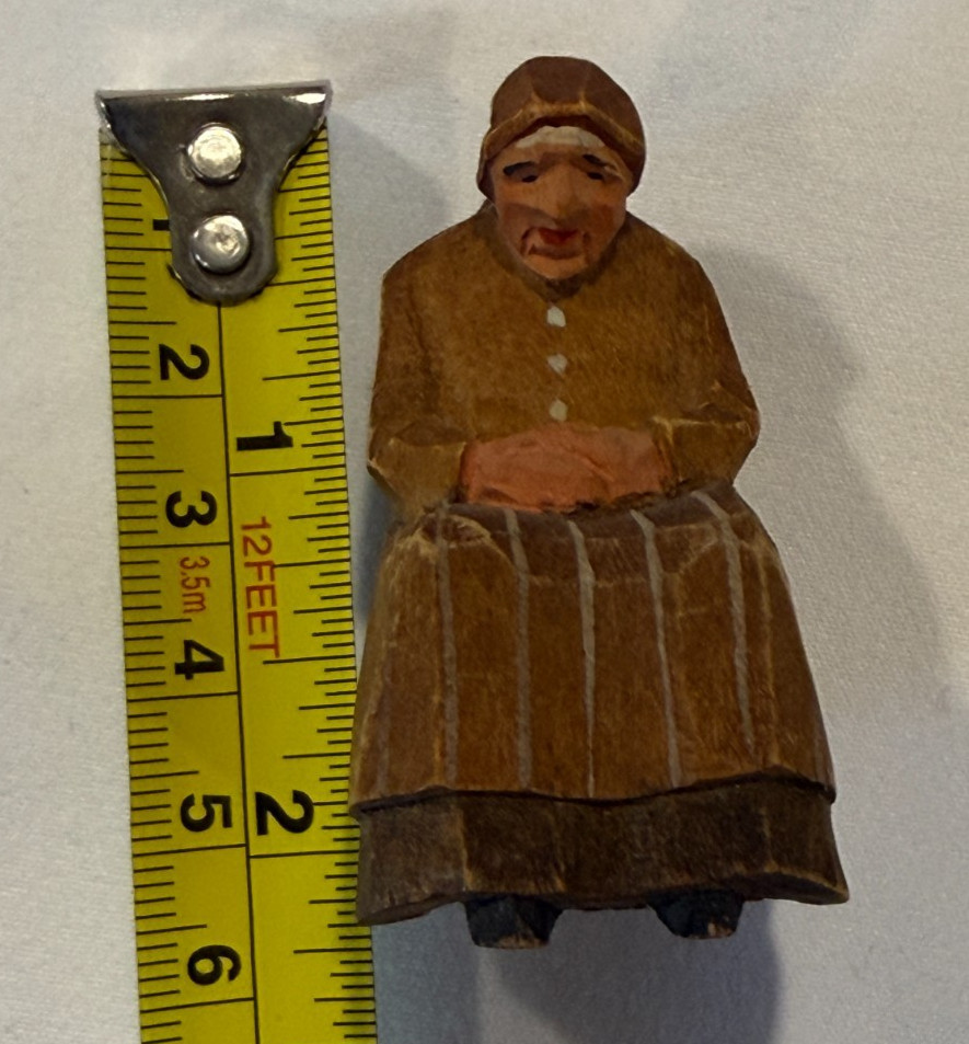 Vintage ANRI Flat Plane Wood Carving Old Woman Sitting in Chair Figurine 3.5\