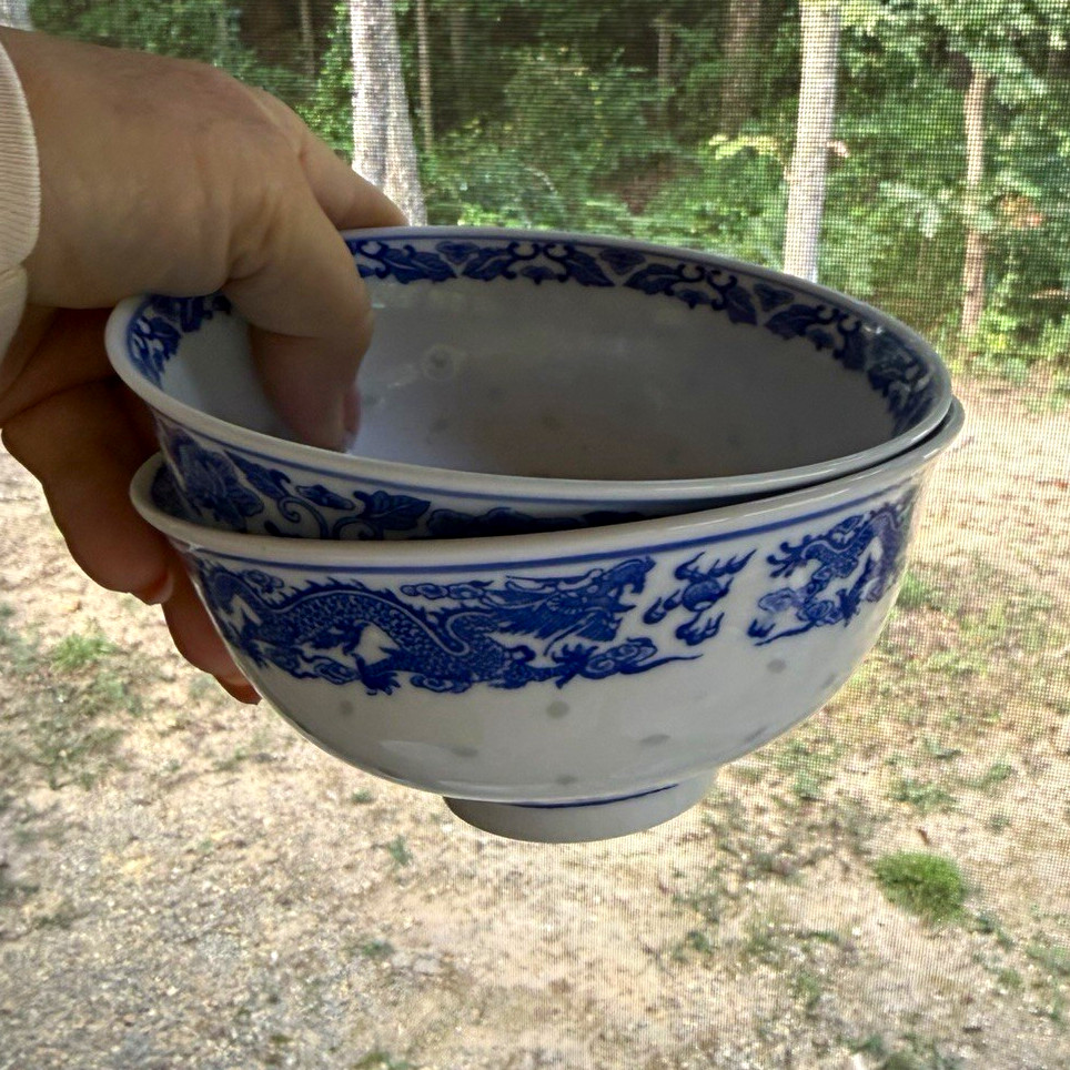 Chinese Blue & White Porcelain Bowl w/ Character Mark, Dragon & Floral Design