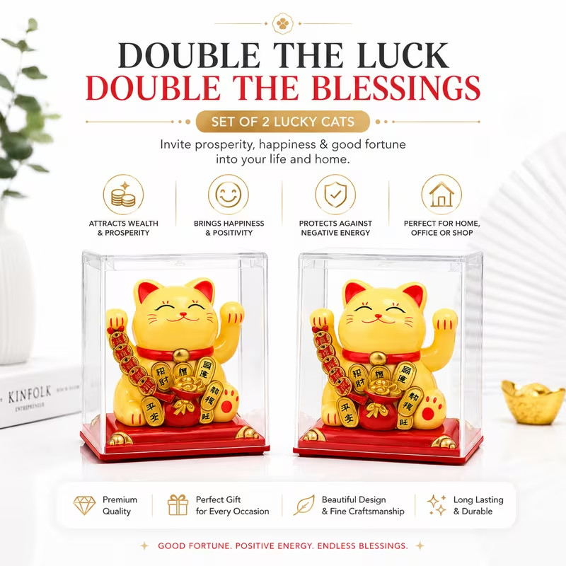 Set of 2 Gold Lucky Cats Maneki Neko Wealth Fortune Good Luck Home Office Decor