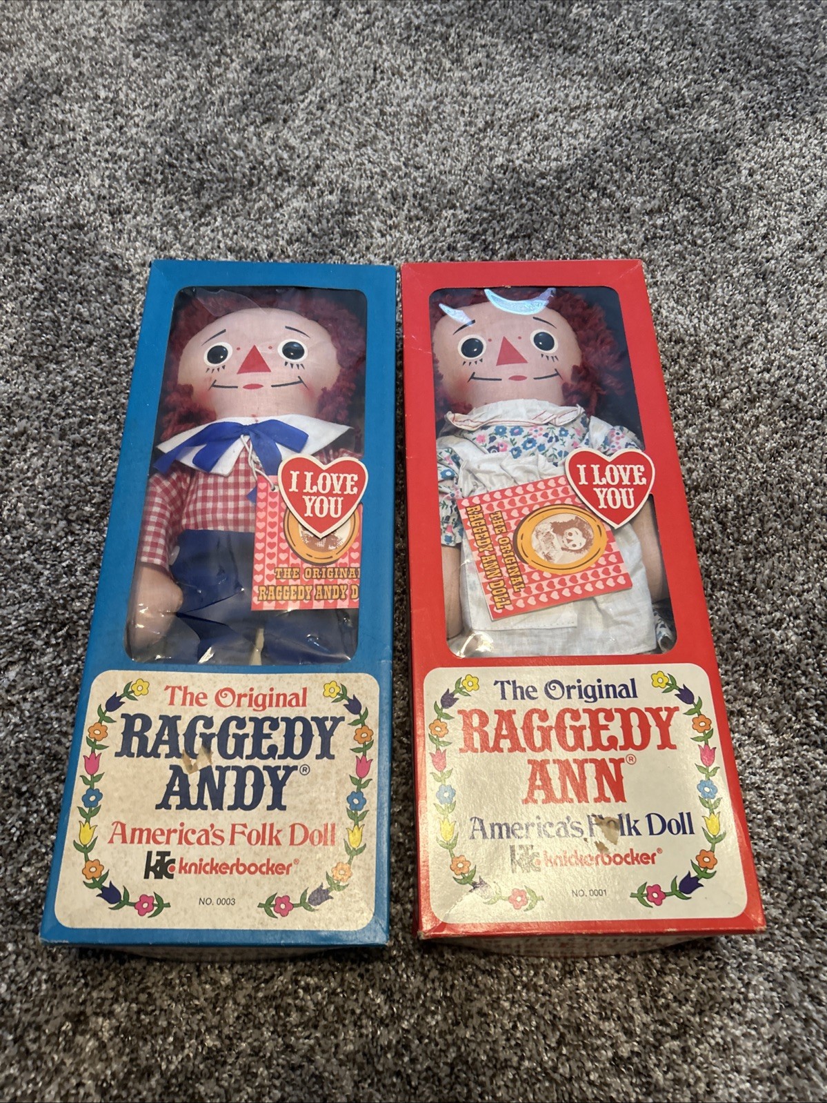 Rare 1971 Raggedy Ann/Andy Knickerbocker Dolls #0001 & #0003
