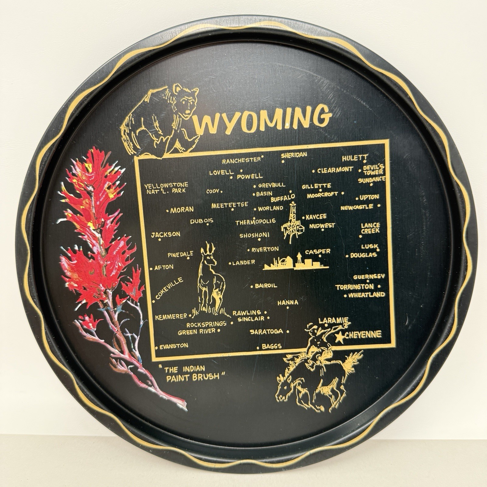 Vintage Wyoming State Tray MCM Kitschy Barware Graphic Souvenir Decor Platter