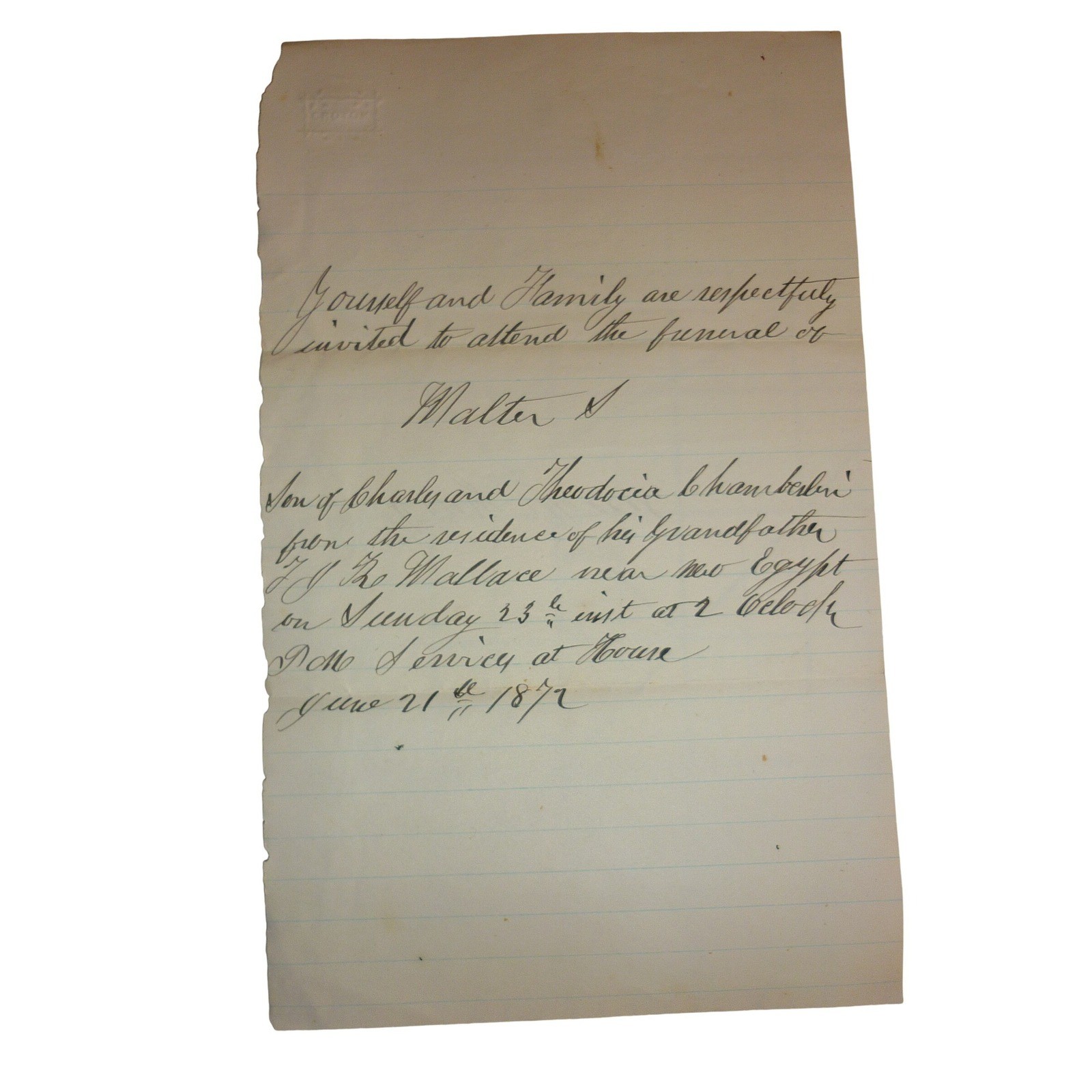 Antique 1872 Handwritten Funeral Invitation New Egypt NJ - Chamberlin Family Antique 1872 Handwritten Funeral Invitation New Egypt NJ - Chamberlin Family