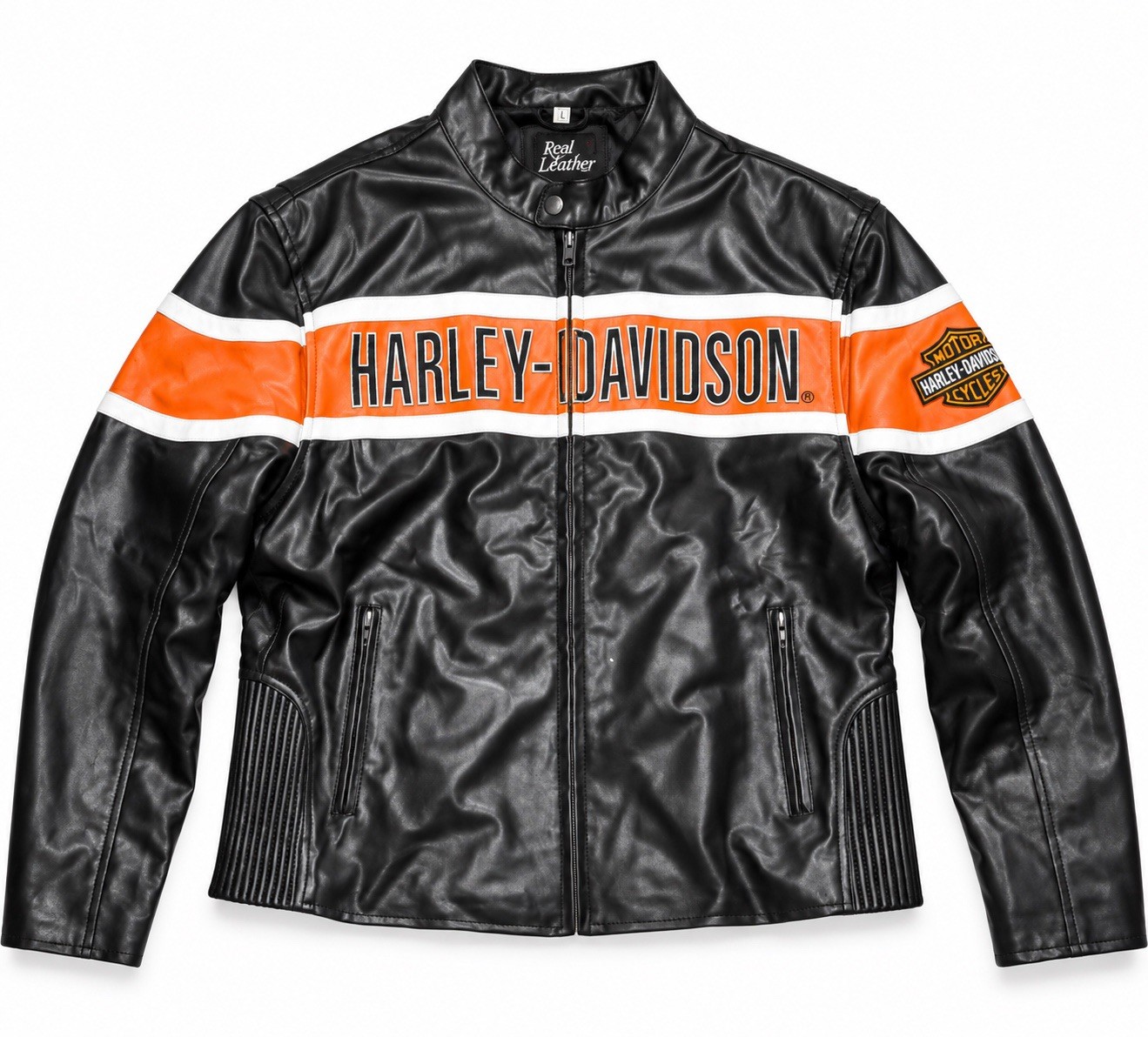 Real Leather Men’s Harley-Davidson Motorcycle Jacket Black Orange Size L