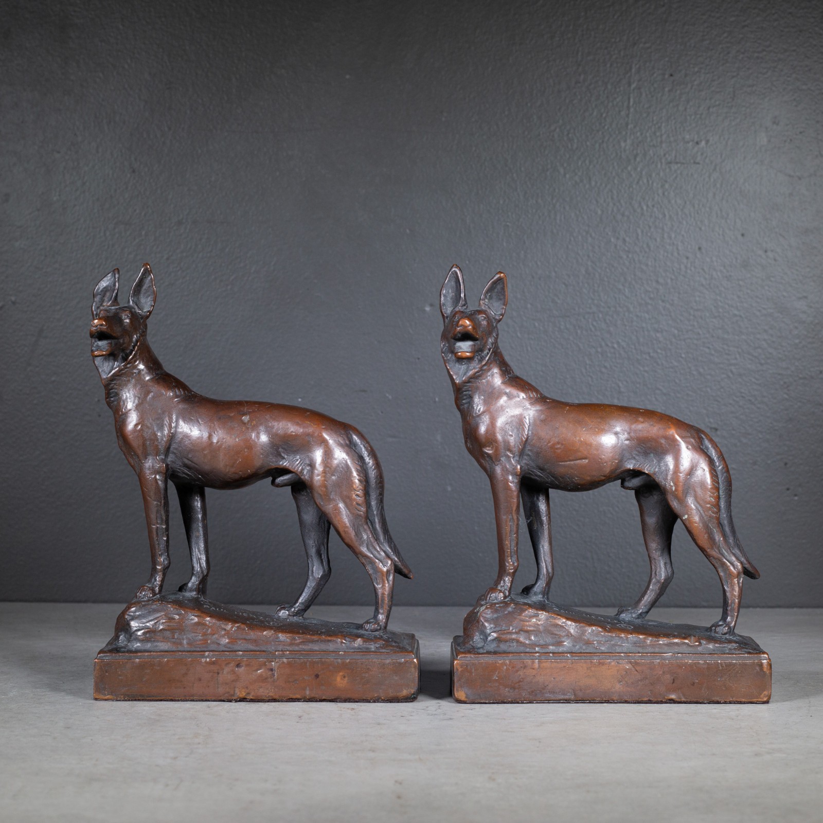 Antique 1920s Paul Herzel Signed Pompeian Bronze Clad German Shepherd Bookends