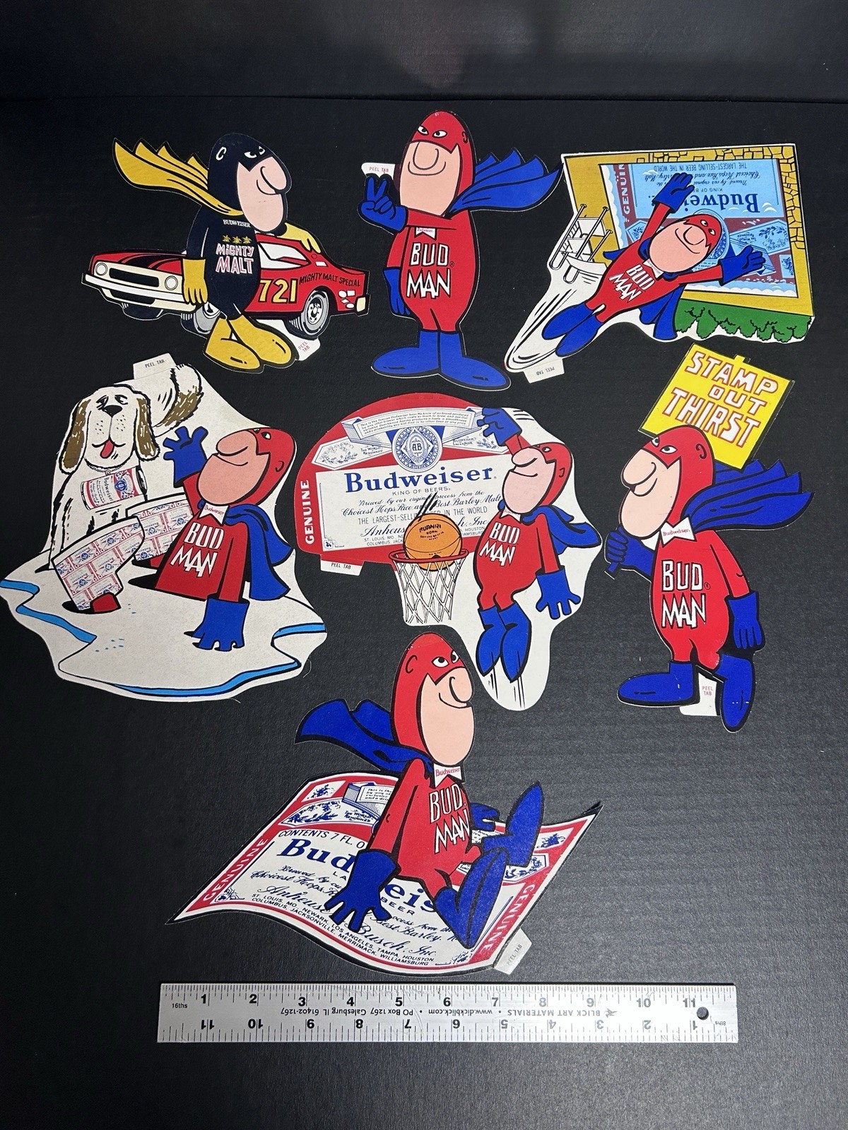 Vintage 1970s Budweiser Budman Sticker Lot of 7 VG-EX | Basketball, Diving, etc.