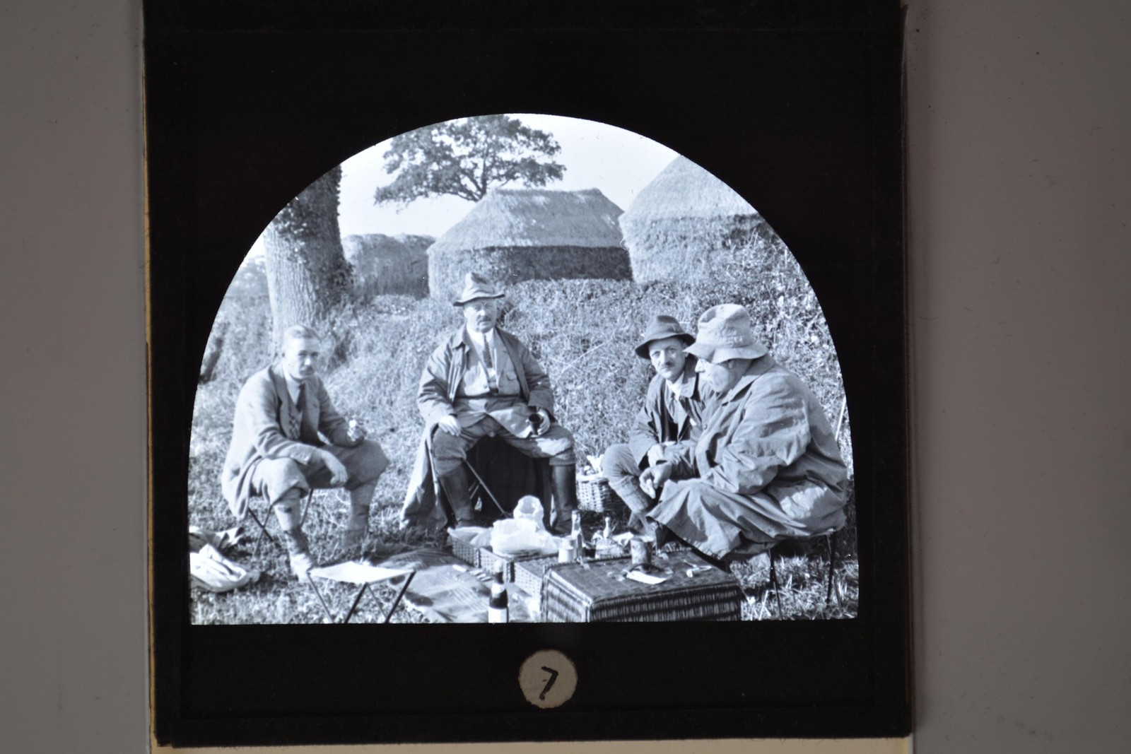 4 Men Picnic Rural Field Haystacks Hamper Magic Lantern Slide c1900s