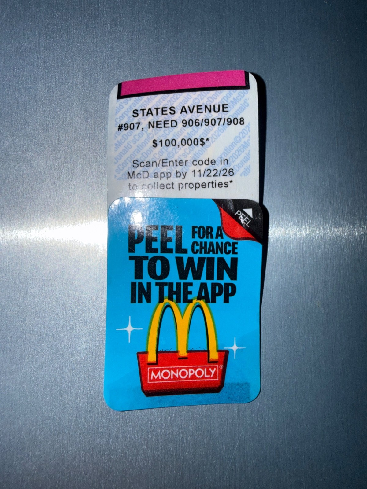 2026 McDonald\'s Monopoly “States Avenue” #907 Game Piece (UNREDEEMED)