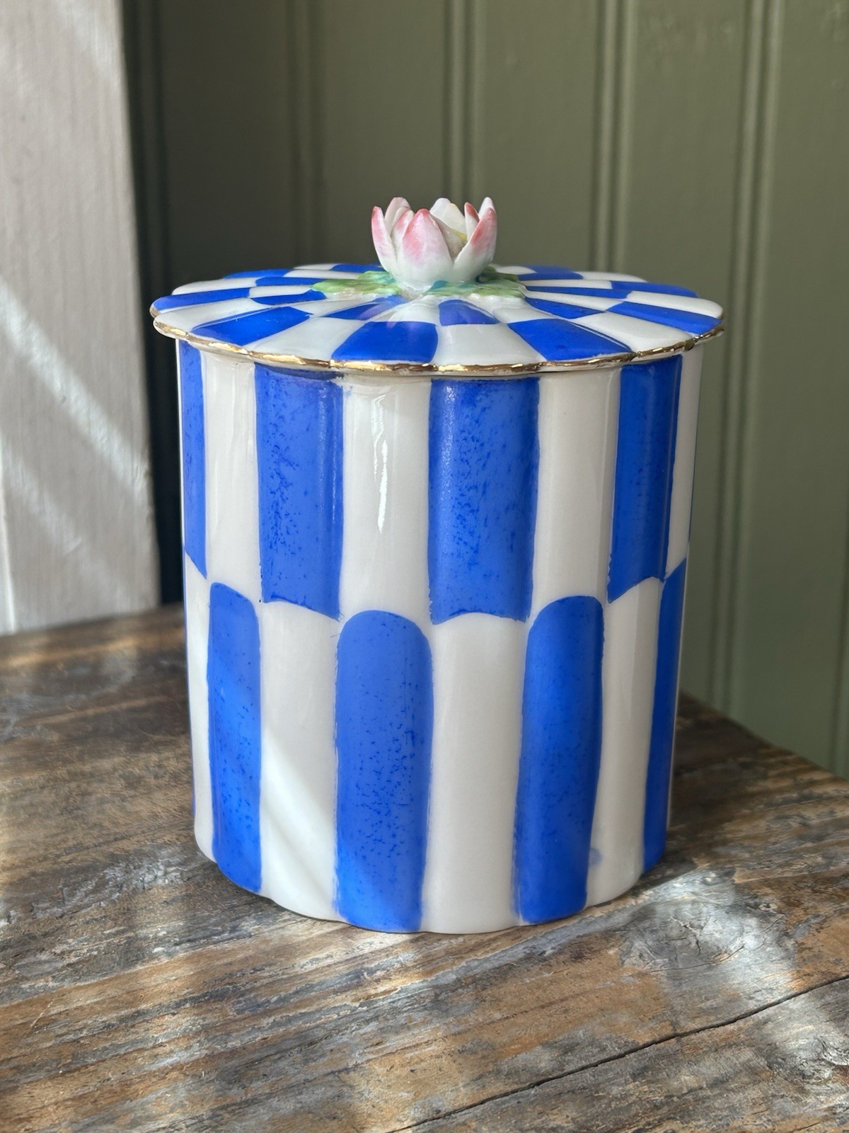 Vintage Gold China Occupied Japan Striped Porcelain Canister Pink Lily Lid