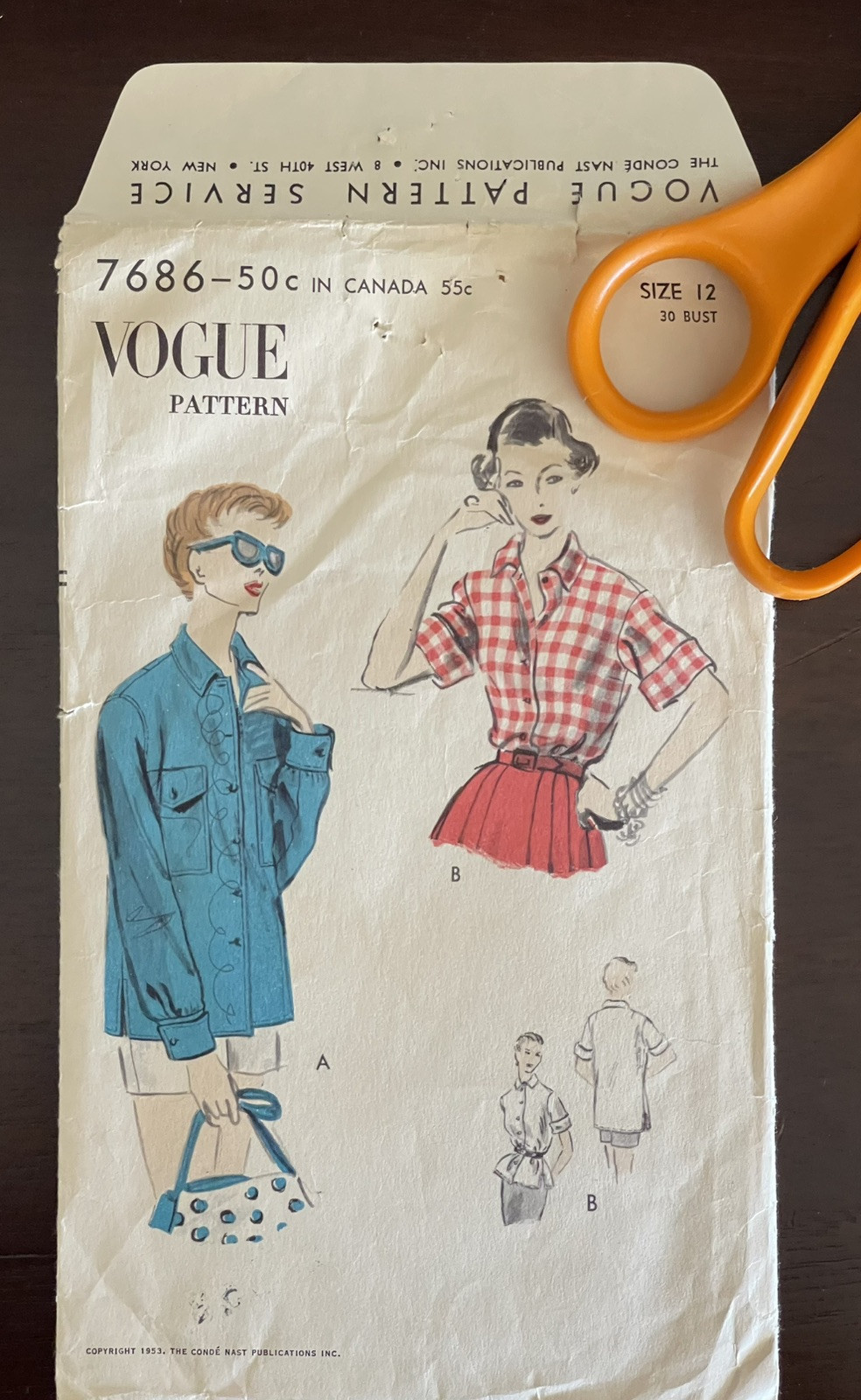 Vintage ORIGINAL 1953 VOGUE Women\'s Shirt Sewing Pattern Vogue 7686