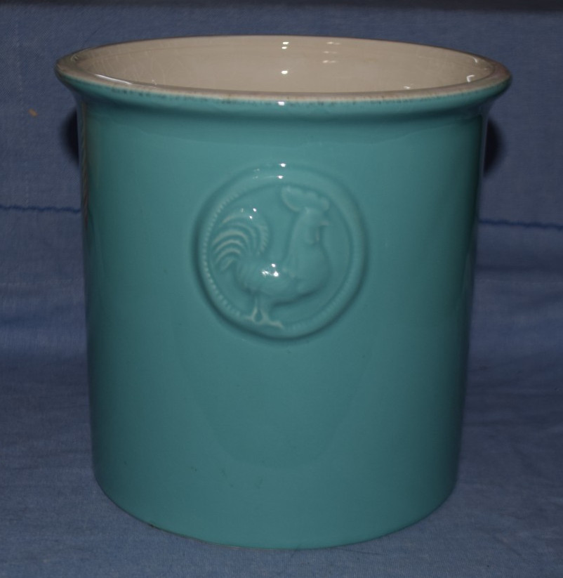 Home Essentials Teal & White Ceramic Crock Utensil Holder w/ Embossed Rooster
