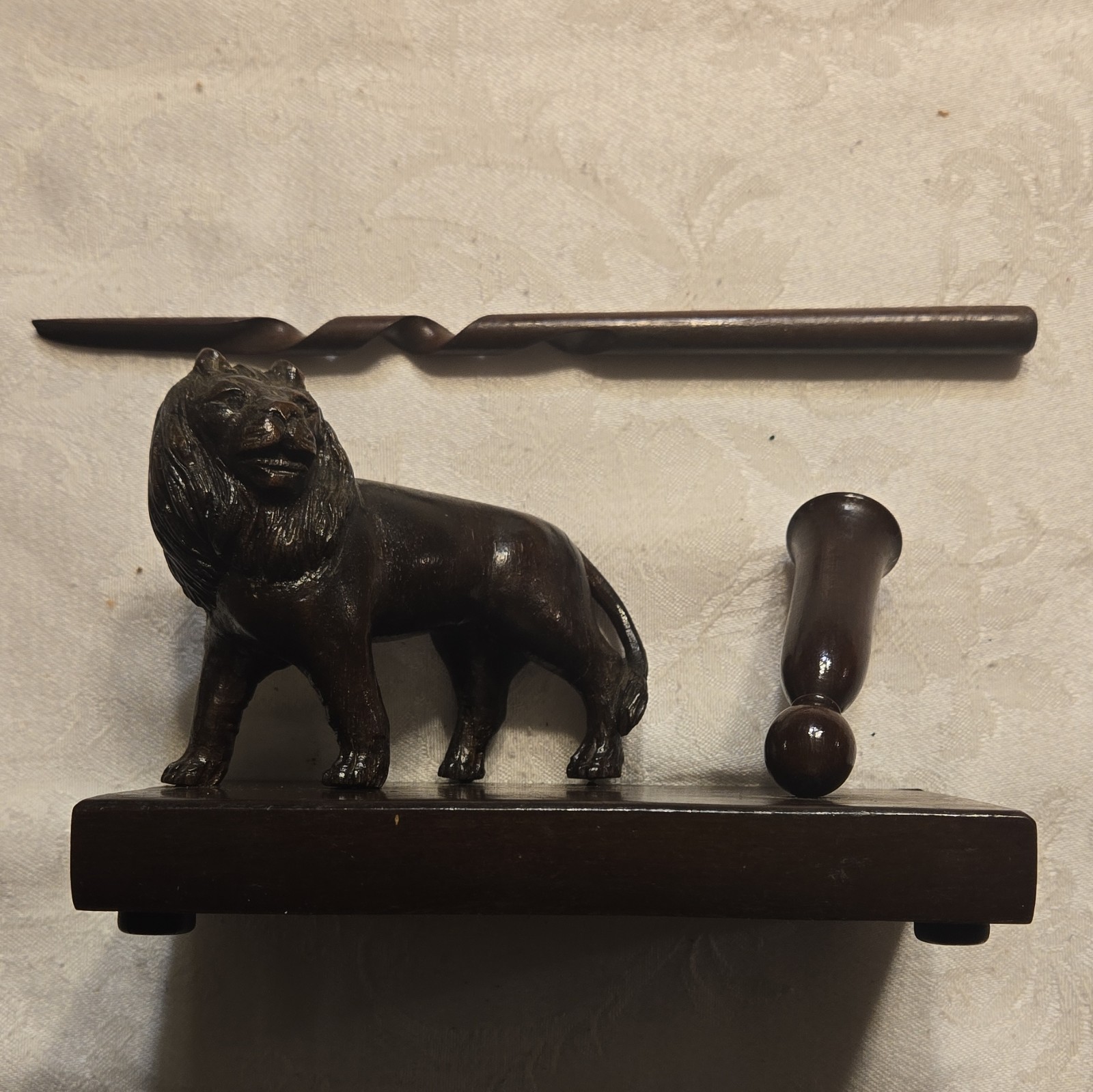 Vintage Hand Carved Wood Lion Desk Pen Stand Holder Set - Mid Century Folk Art
