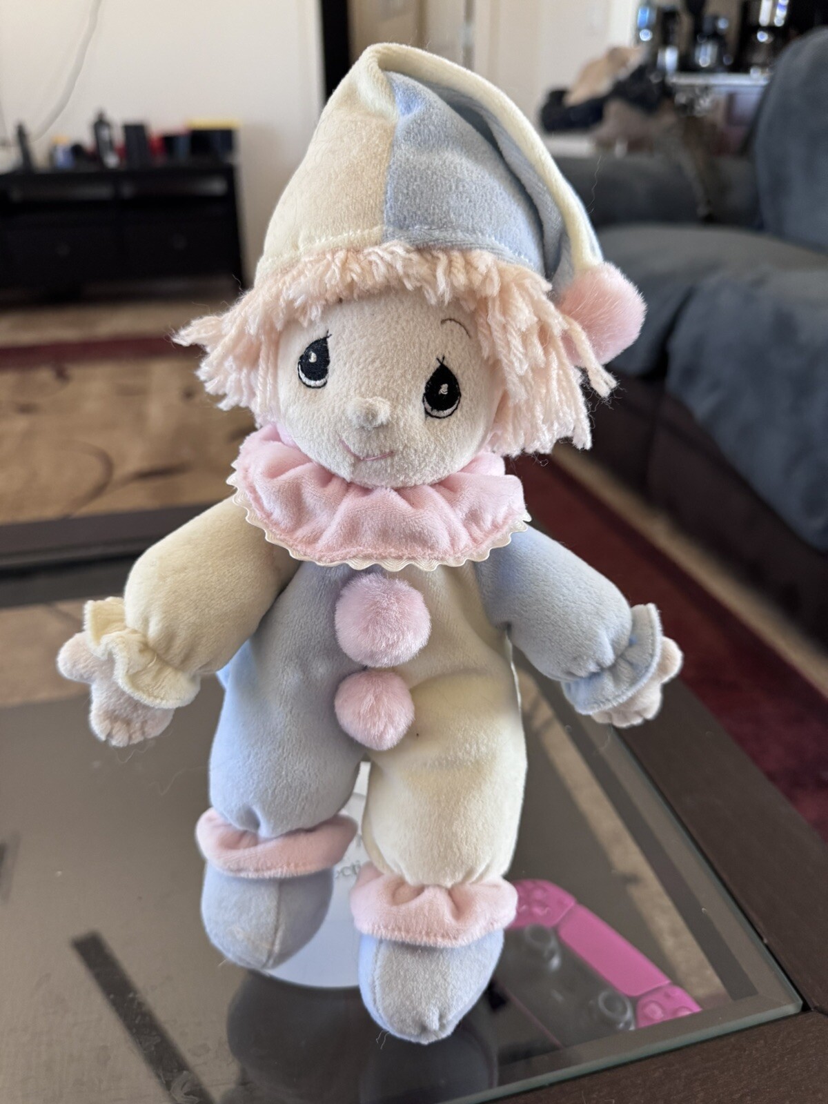 1999 Precious Moments blue yellow and pink Clown Stand Included