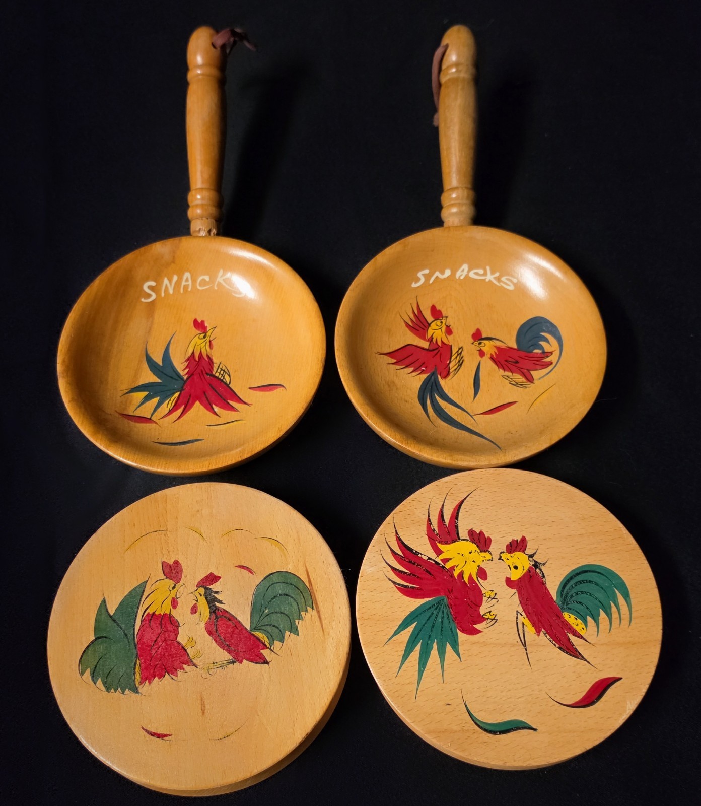 Vtg 1950s Mid Century Rooster Wooden Snack Bowls & Hamburger Presses 4pc Japan